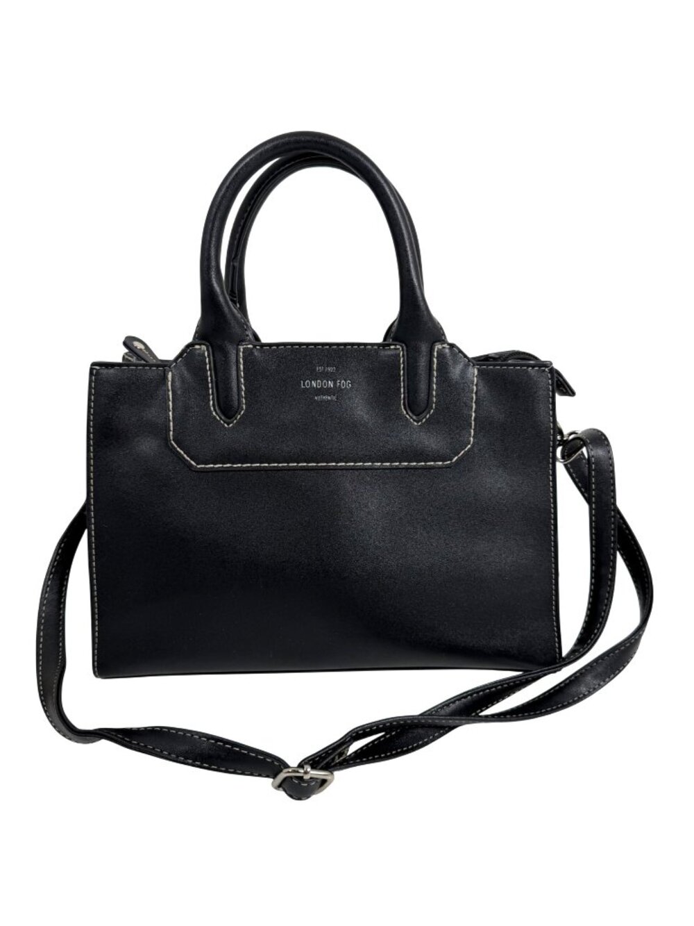 London Fog Black Satchel Handbag Crossbody Purse Double Handle Detachable Strap